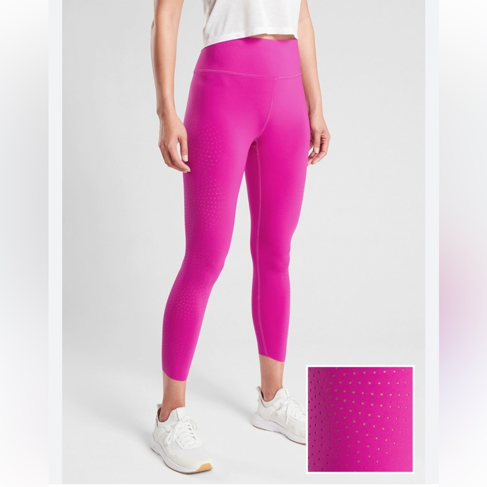 510 Athleta Bright Pink High Rise Leggings Small Perforated Cutout Yoga Running